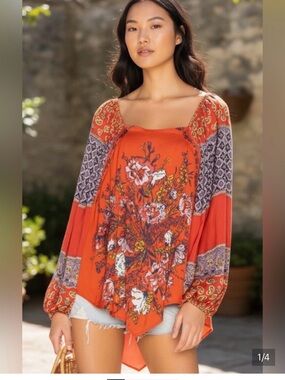 NWT Free People Positano Boho Floral Peasant Top - cherry combo, Large